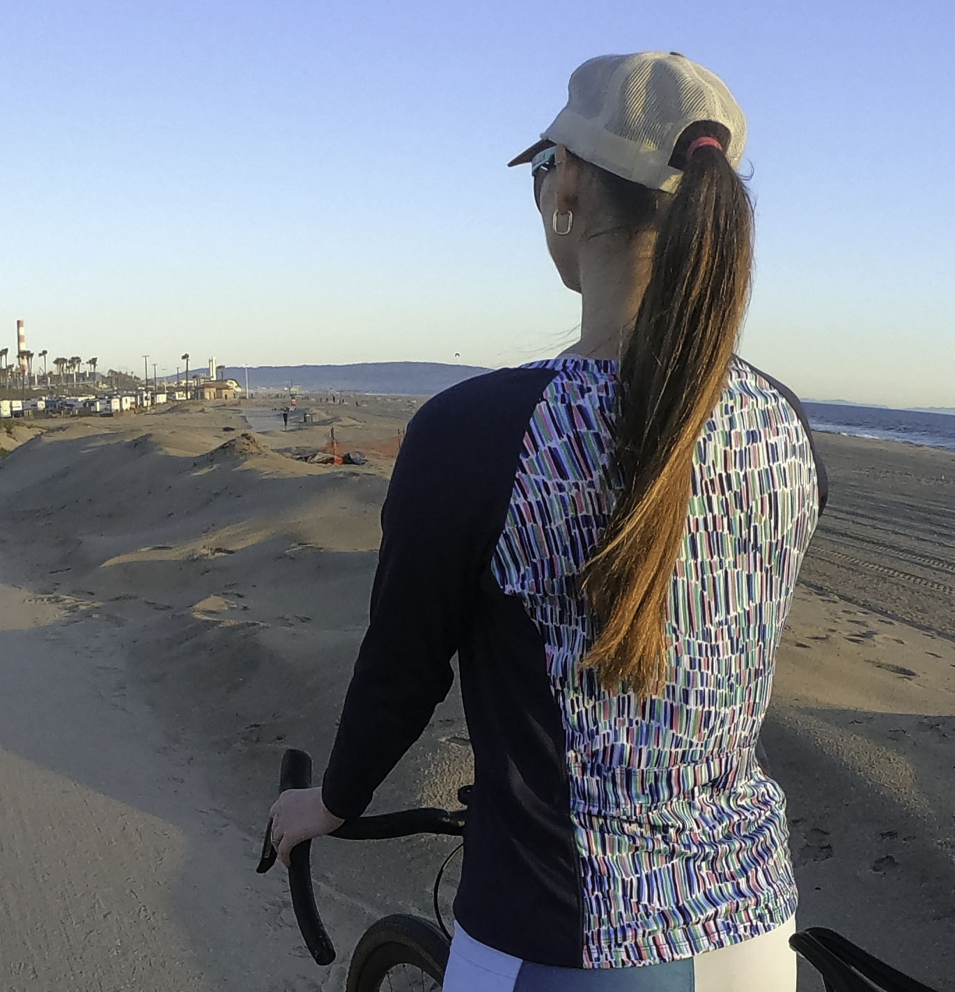 Moxie Tee Jersey Blues Long Sleeve for cool day rides with moisture management fabric.